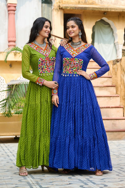 Navrang Twirl Magic: Mirror Embroidered Tiered Flare Gown