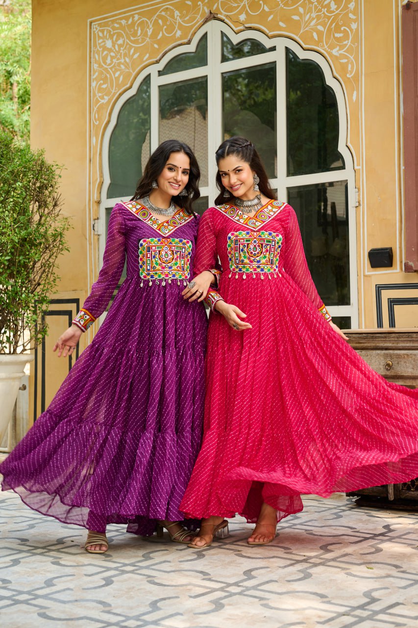 Navrang Twirl Magic: Mirror Embroidered Tiered Flare Gown