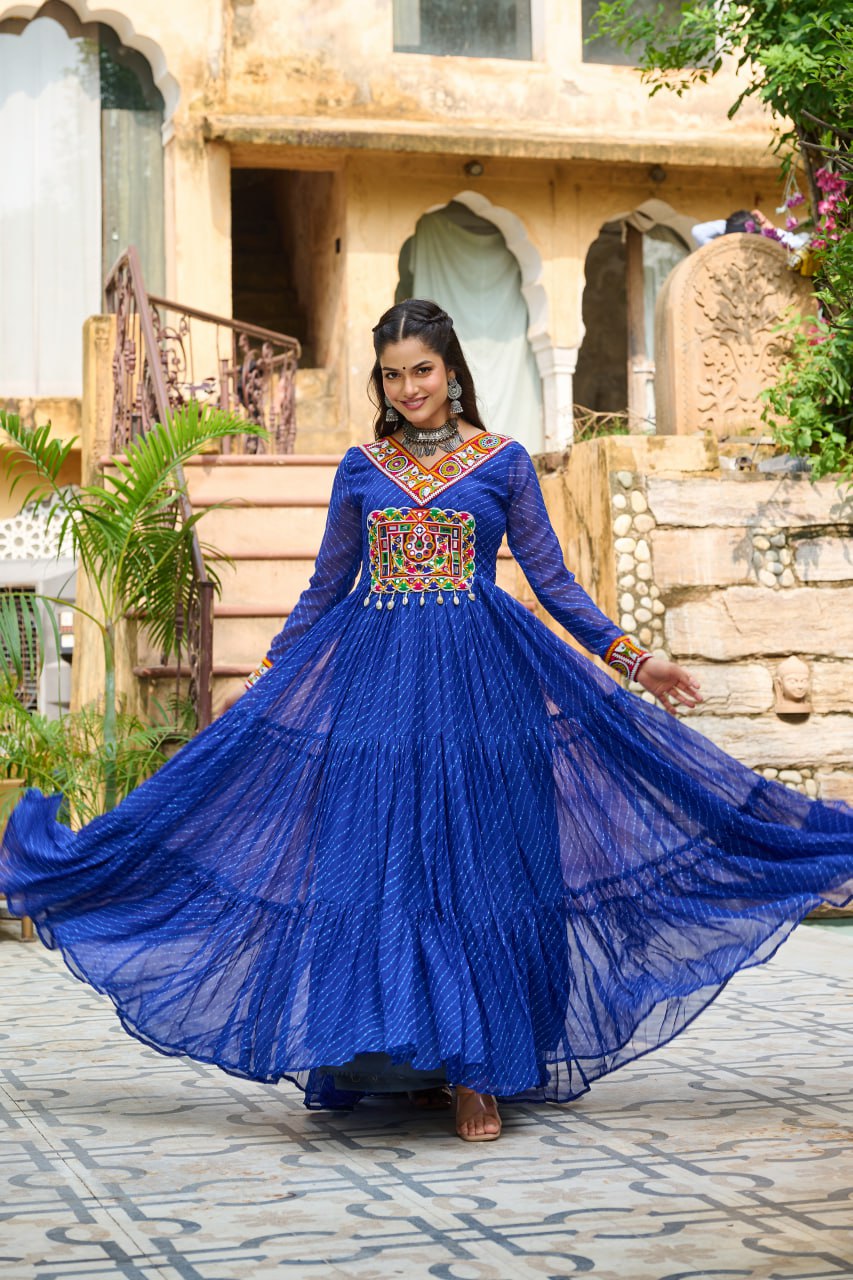 Navrang Twirl Magic: Mirror Embroidered Tiered Flare Gown