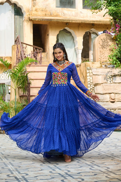 Navrang Twirl Magic: Mirror Embroidered Tiered Flare Gown