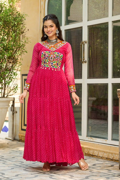 Navrang Twirl Magic: Mirror Embroidered Tiered Flare Gown