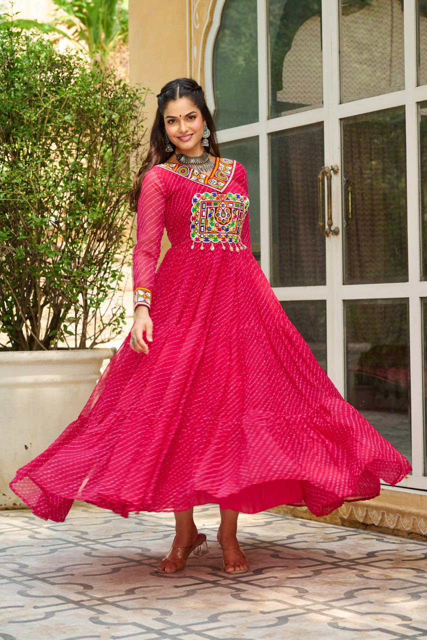 Navrang Twirl Magic: Mirror Embroidered Tiered Flare Gown
