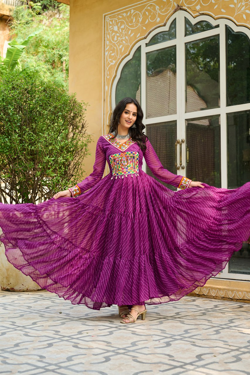 Navrang Twirl Magic: Mirror Embroidered Tiered Flare Gown