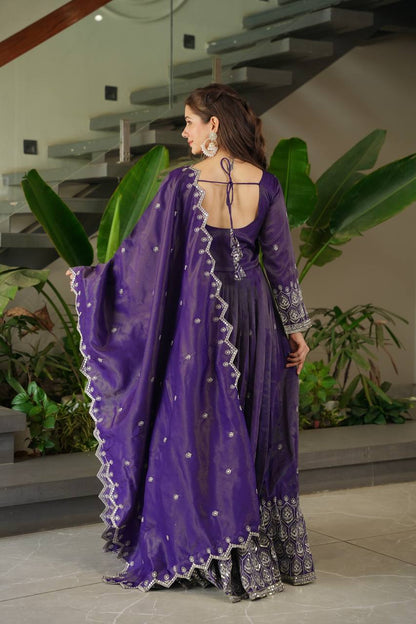 Regal Violet Flared Ghera & Dupatta Embroidered Anarkali Set