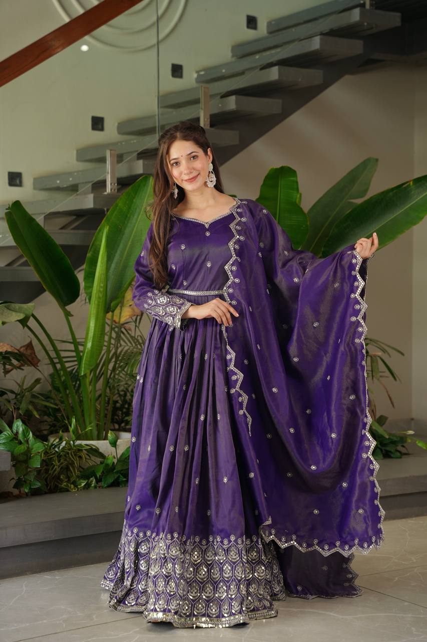 Regal Violet Flared Ghera & Dupatta Embroidered Anarkali Set