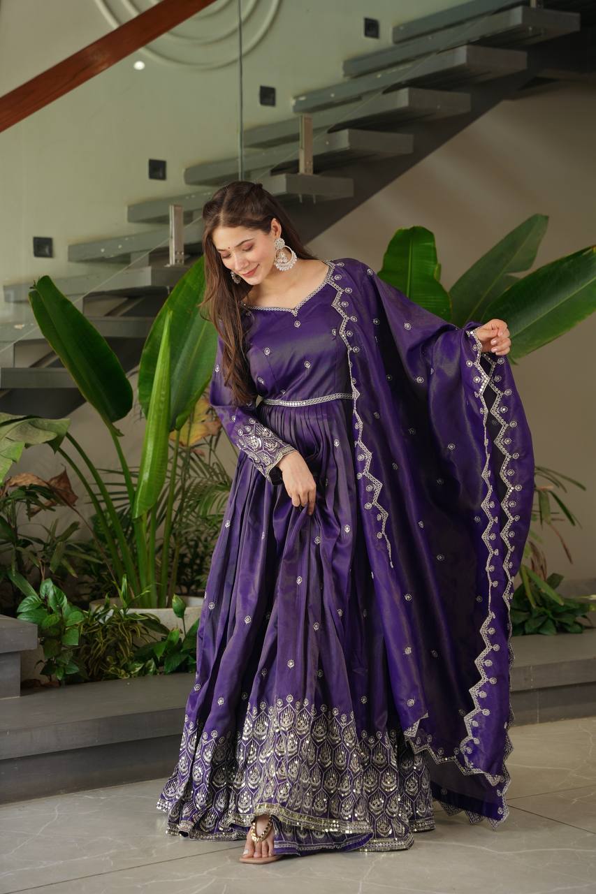 Regal Violet Flared Ghera & Dupatta Embroidered Anarkali Set