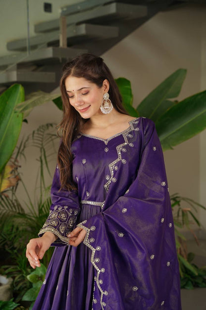 Regal Violet Flared Ghera & Dupatta Embroidered Anarkali Set
