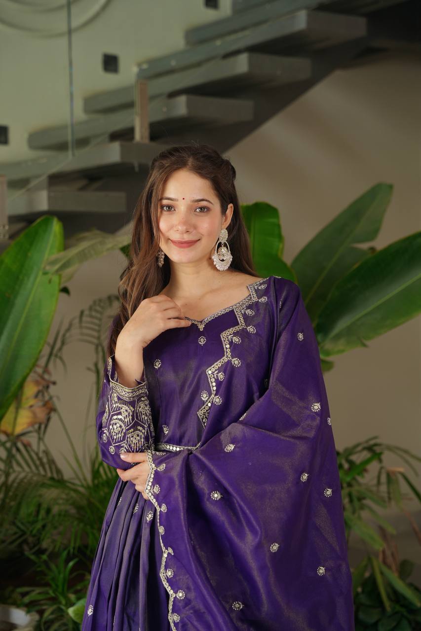 Regal Violet Flared Ghera & Dupatta Embroidered Anarkali Set