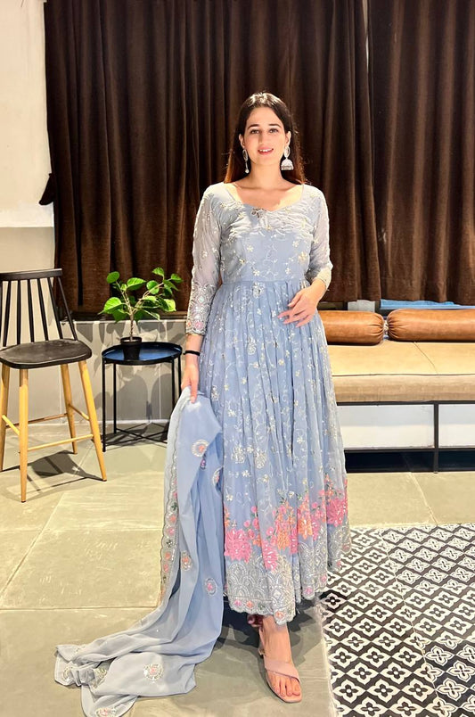 Dreamy Frost Blue Designer Anarkali Set