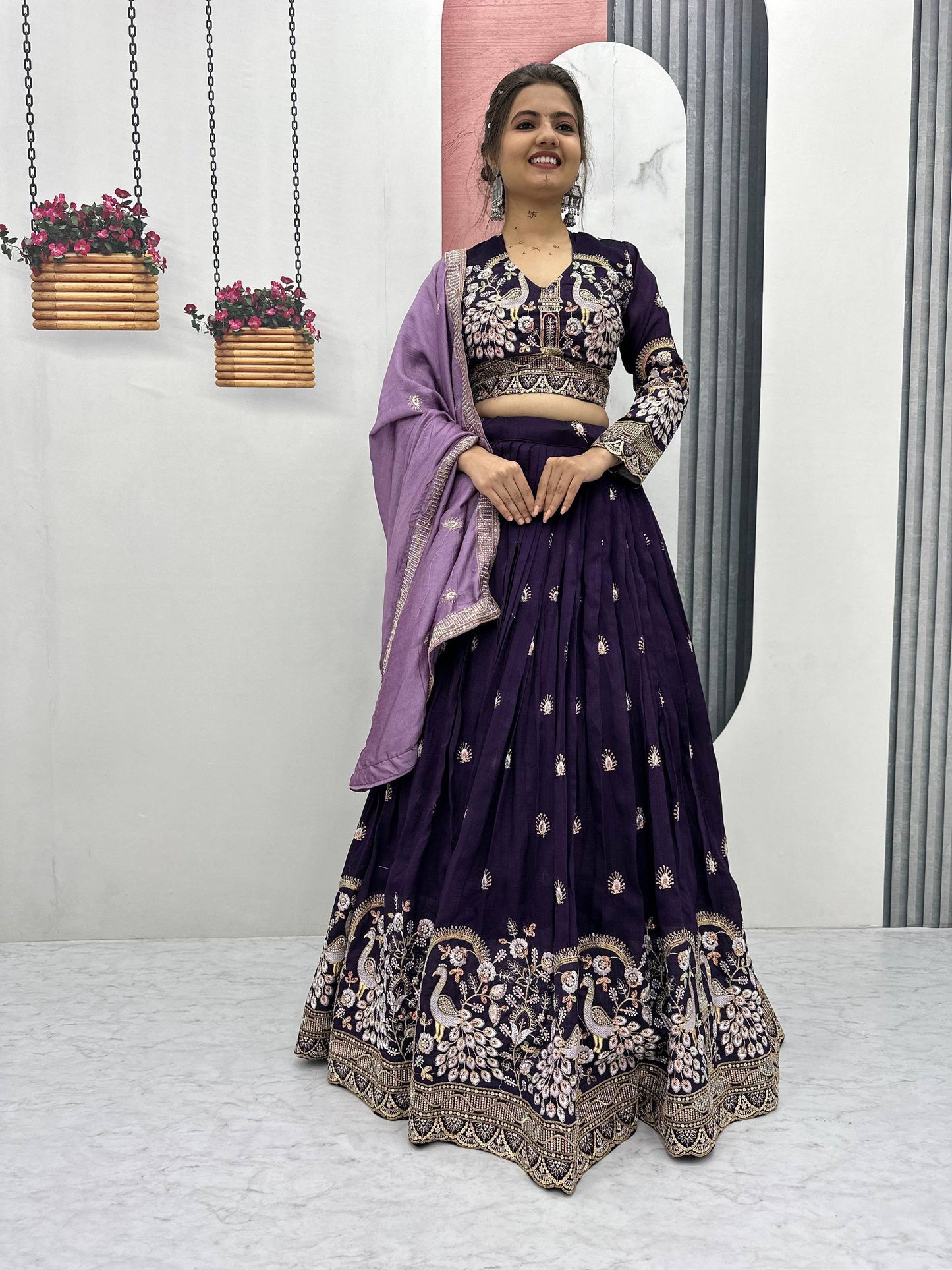 Peacock Embroidered Purple Lehenga Choli