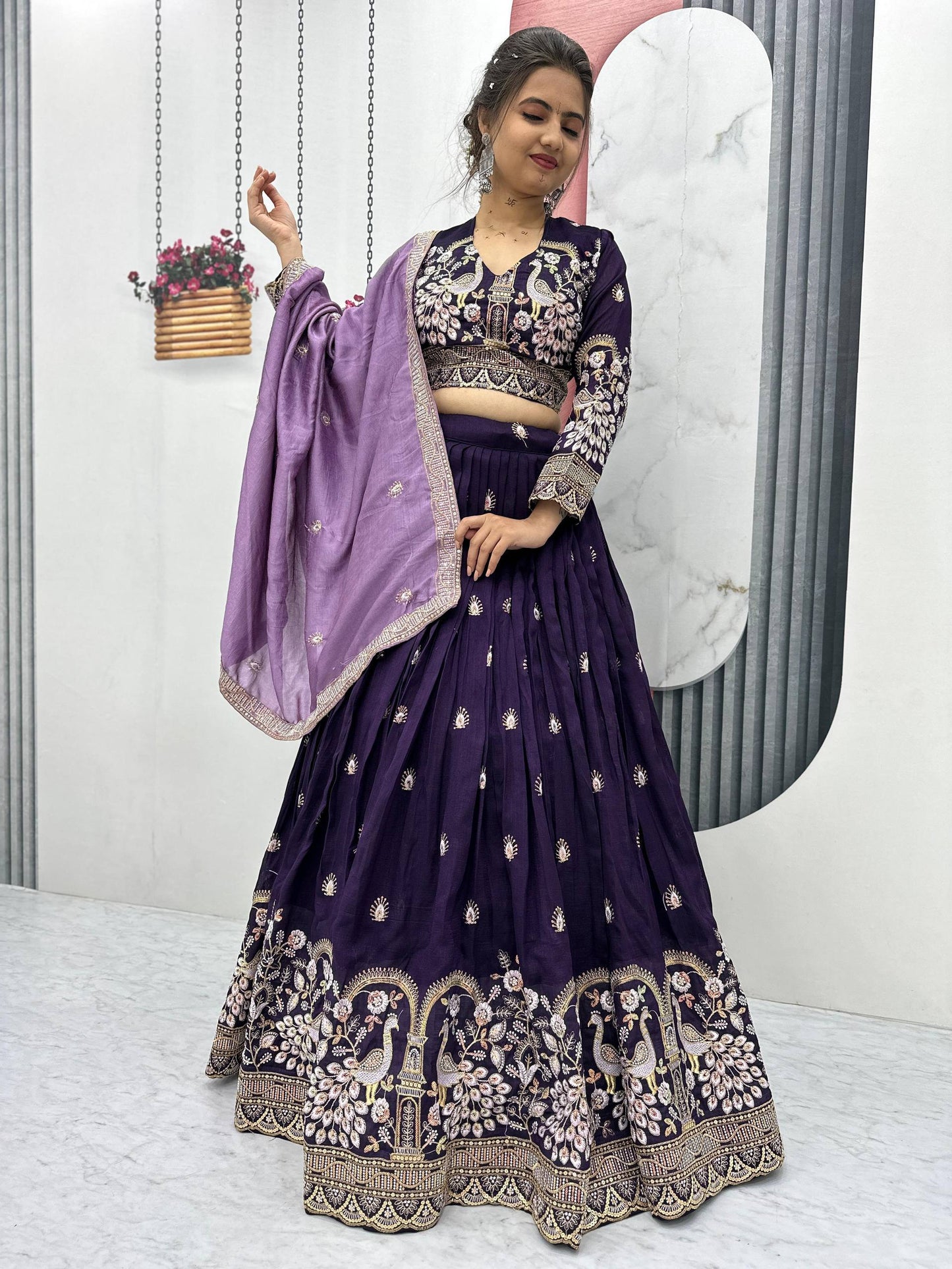 Peacock Embroidered Purple Lehenga Choli