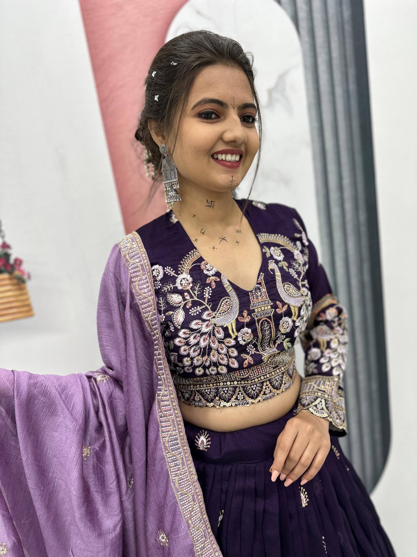 Peacock Embroidered Purple Lehenga Choli