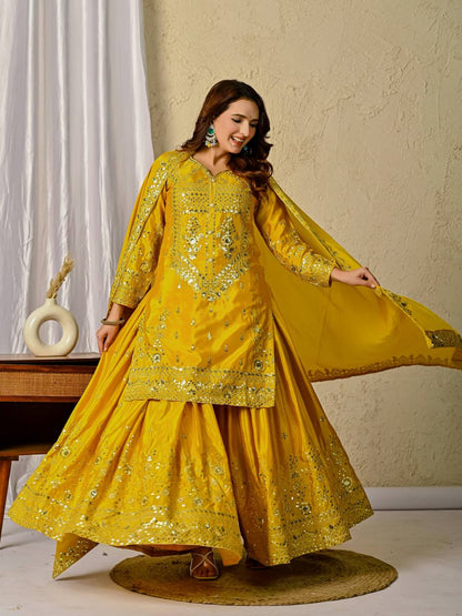 Haldi Yellow Designer Chinnon Silk Embroidery Sharara