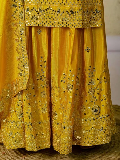 Haldi Yellow Designer Chinnon Silk Embroidery Sharara