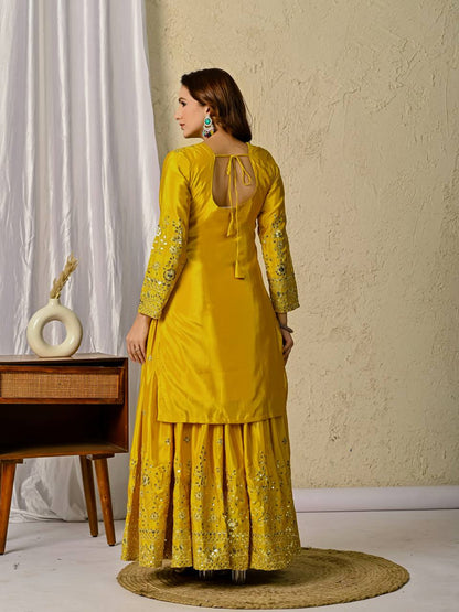 Haldi Yellow Designer Chinnon Silk Embroidery Sharara