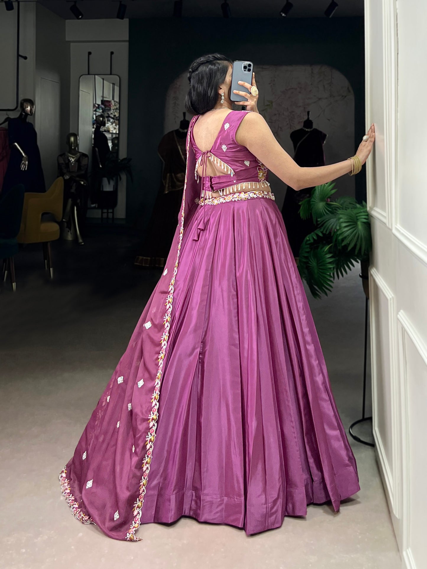 Magenta Silk Lehenga With Sequins Embroidery Work