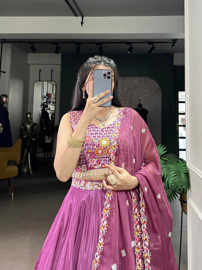 Magenta Silk Lehenga With Sequins Embroidery Work