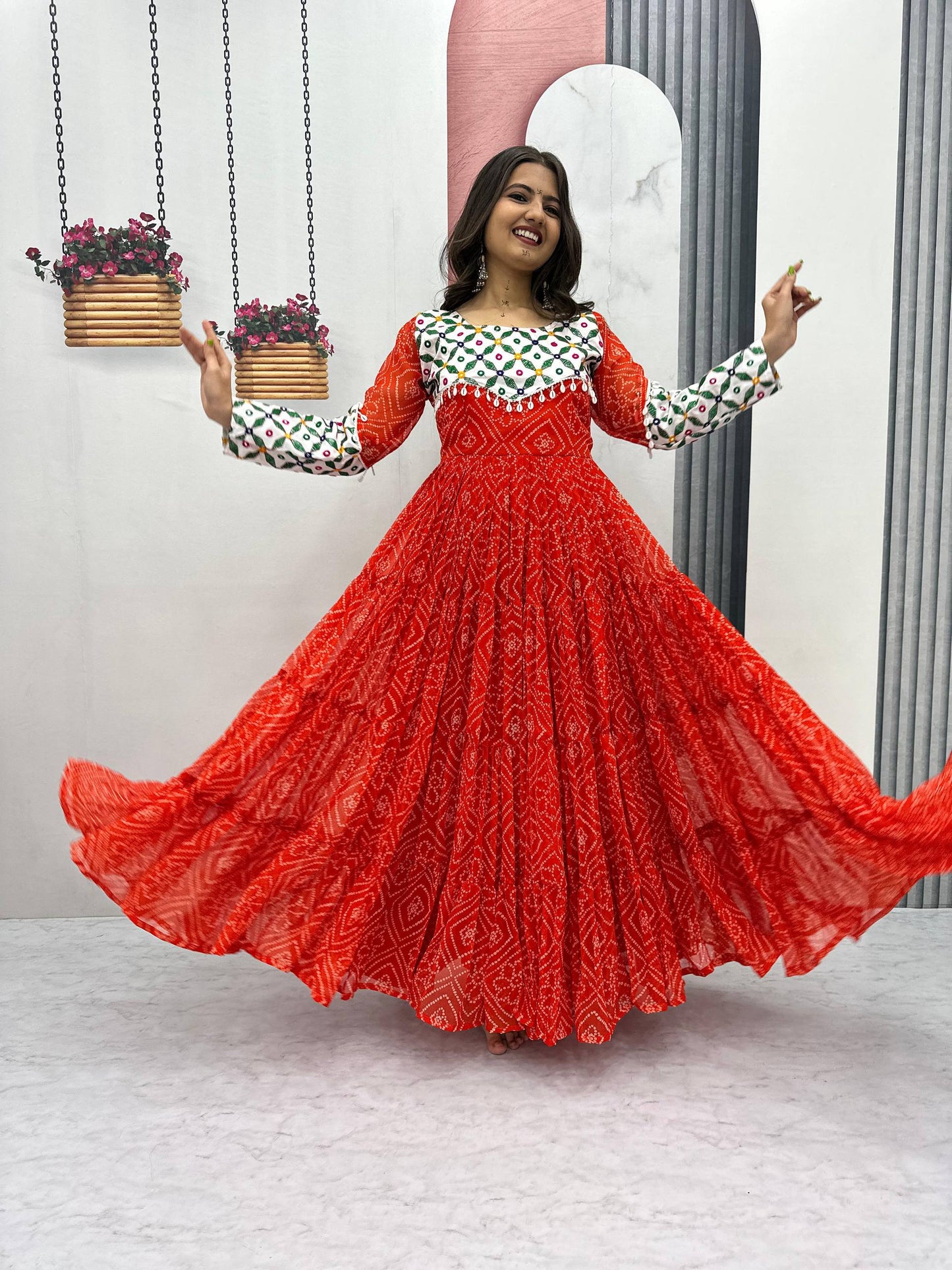 Bandhani Georgette Gamathi Work with Kodi Lace Gown