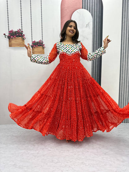 Bandhani Georgette Gamathi Work with Kodi Lace Gown