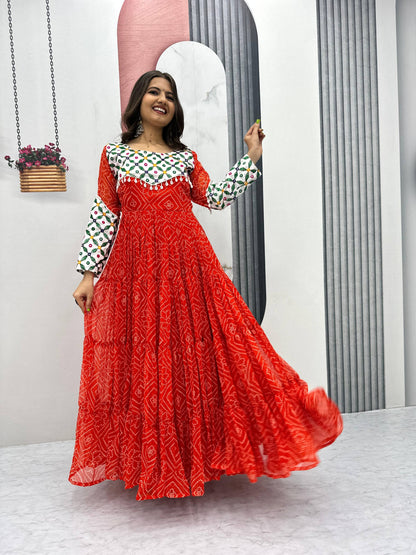 Bandhani Georgette Gamathi Work with Kodi Lace Gown