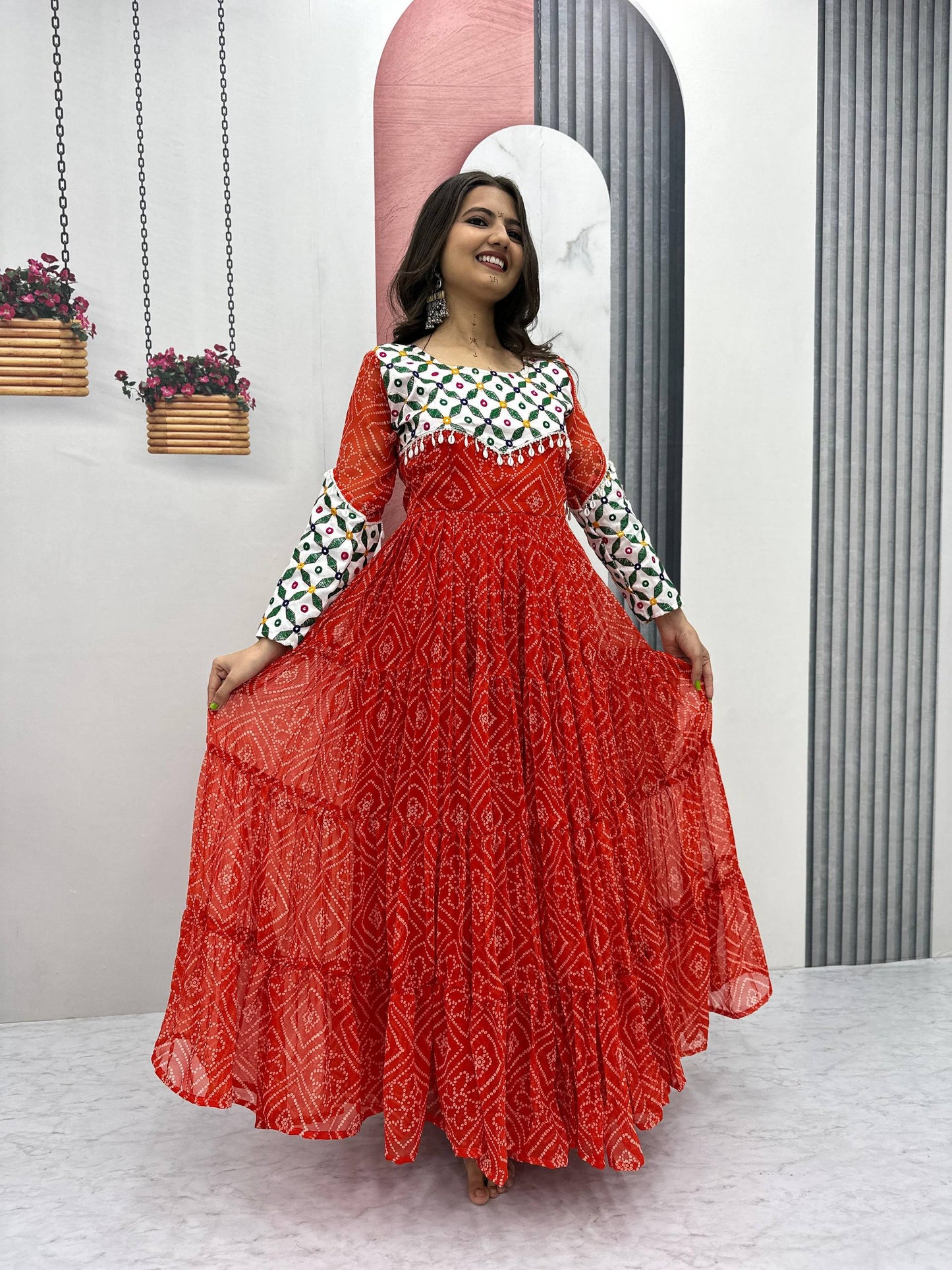 Bandhani Georgette Gamathi Work with Kodi Lace Gown