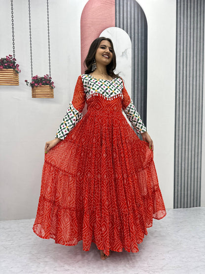 Bandhani Georgette Gamathi Work with Kodi Lace Gown