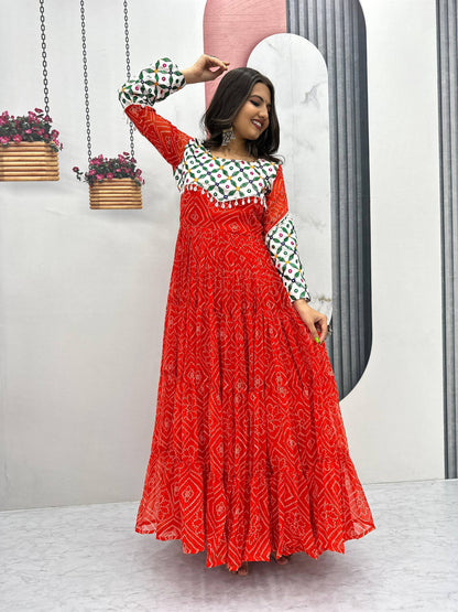 Bandhani Georgette Gamathi Work with Kodi Lace Gown
