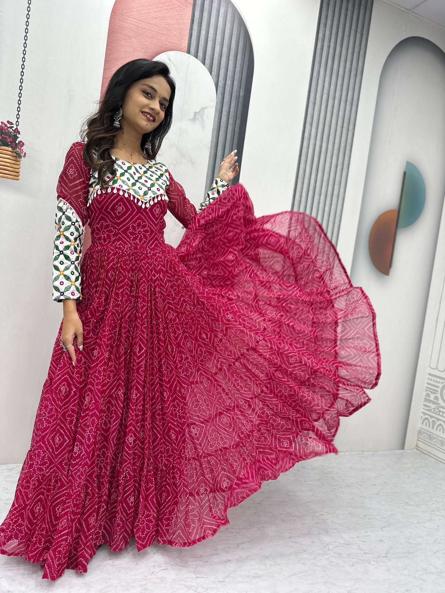 Bandhani Georgette Gamathi Work with Kodi Lace Gown