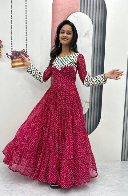 Bandhani Georgette Gamathi Work with Kodi Lace Gown