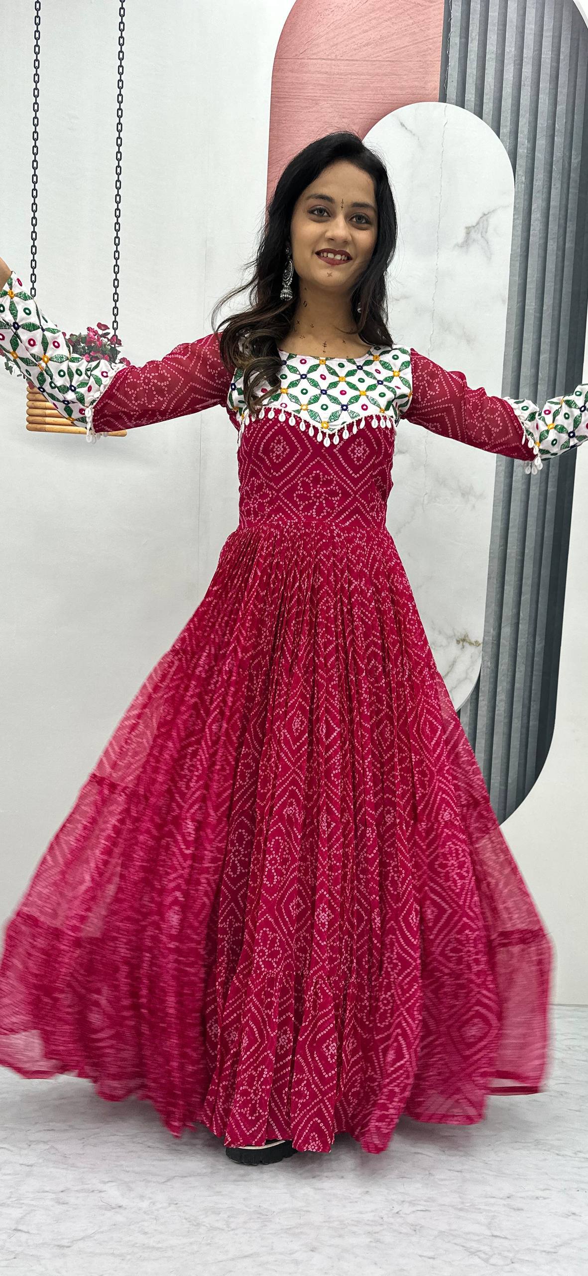 Bandhani Georgette Gamathi Work with Kodi Lace Gown