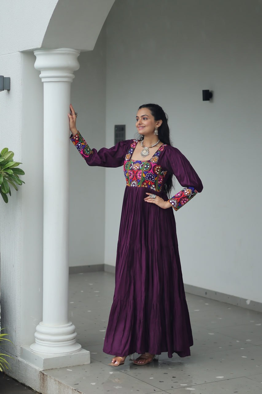 Reyon Kutchi Gamthi Tiered Flair Anarkali Gown