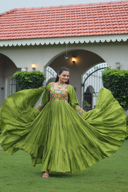 Reyon Kutchi Gamthi Tiered Flair Anarkali Gown