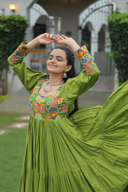 Reyon Kutchi Gamthi Tiered Flair Anarkali Gown