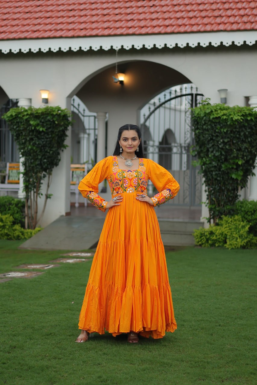 Reyon Kutchi Gamthi Tiered Flair Anarkali Gown