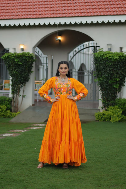 Reyon Kutchi Gamthi Tiered Flair Anarkali Gown