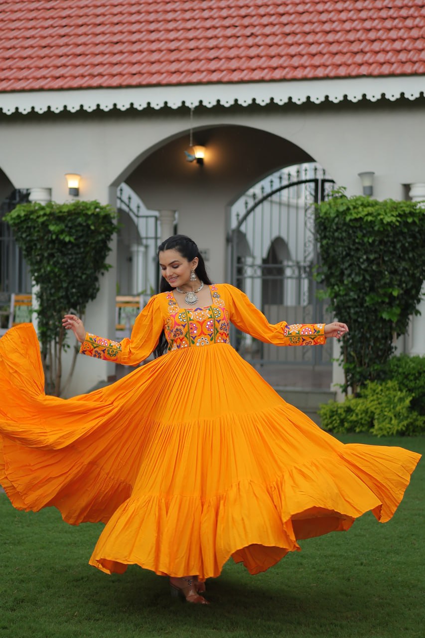 Reyon Kutchi Gamthi Tiered Flair Anarkali Gown