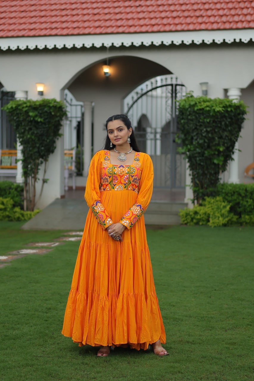 Reyon Kutchi Gamthi Tiered Flair Anarkali Gown