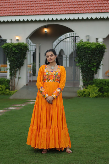 Reyon Kutchi Gamthi Tiered Flair Anarkali Gown