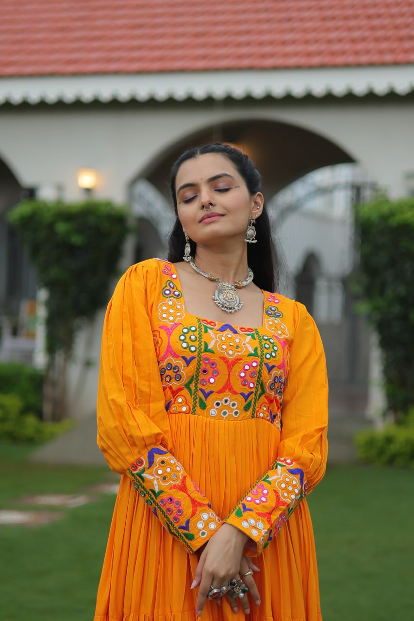 Reyon Kutchi Gamthi Tiered Flair Anarkali Gown