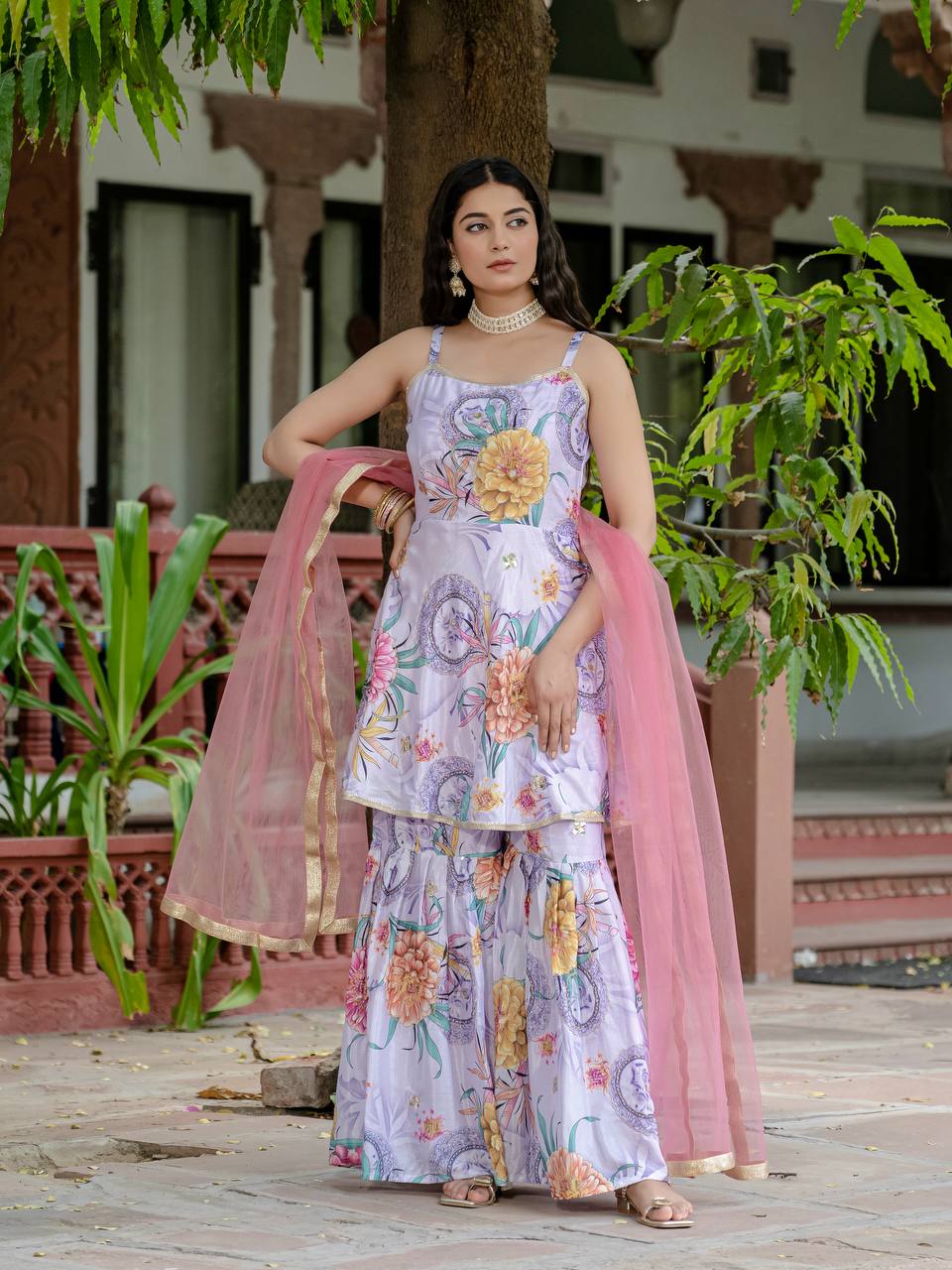 Blush Garden Bloom Sharara Set with Net Dupatta