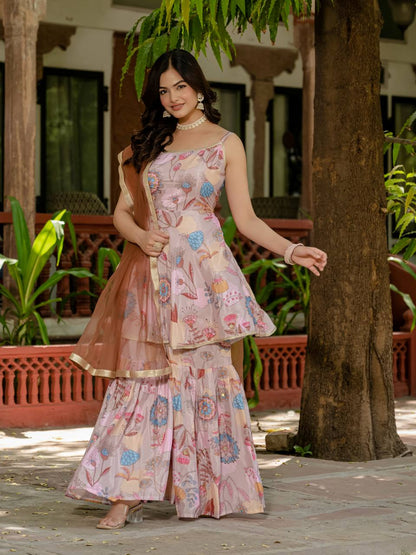 Blush Garden Bloom Sharara Set with Net Dupatta