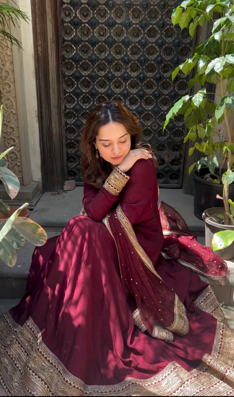 Sneha Deep Maroon Cinon Silk Gown Pent