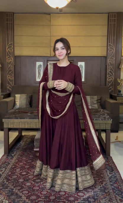 Sneha Deep Maroon Cinon Silk Gown Pent