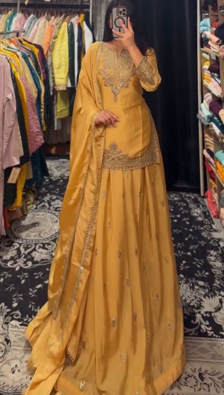 Festive Flame Green Ensemble with Antique Gold Embroidery Lehenga