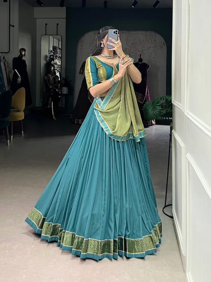 Royal Teal Woven Lehenga Set with Contrast Olive Dupatta