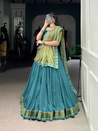 Royal Teal Woven Lehenga Set with Contrast Olive Dupatta