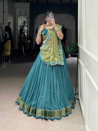Royal Teal Woven Lehenga Set with Contrast Olive Dupatta