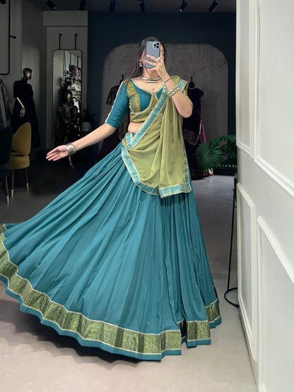 Royal Teal Woven Lehenga Set with Contrast Olive Dupatta