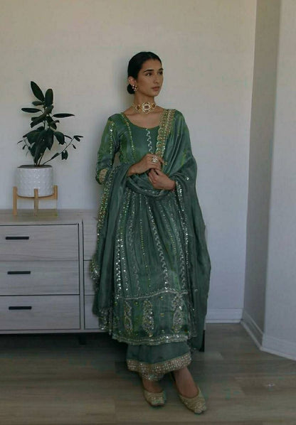 Sage Green Mirror Embellished Anarkali Set