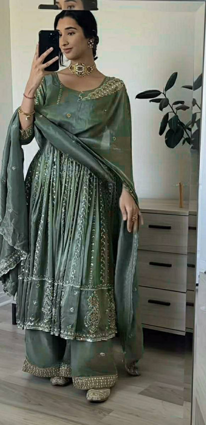 Sage Green Mirror Embellished Anarkali Set